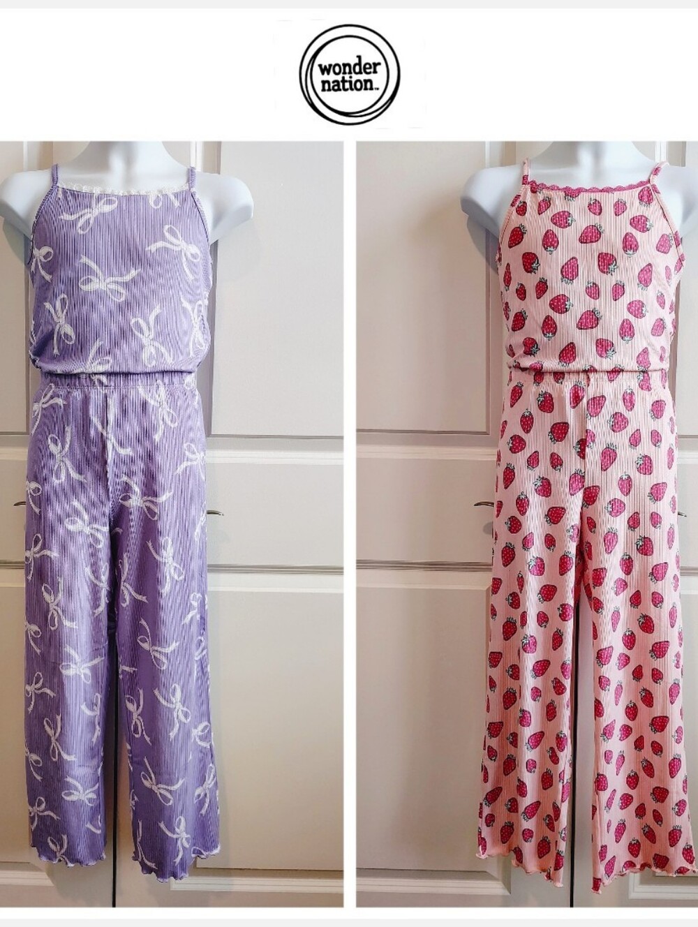 2 Pajama Sets (Purple Bows & Pink Strawberries)